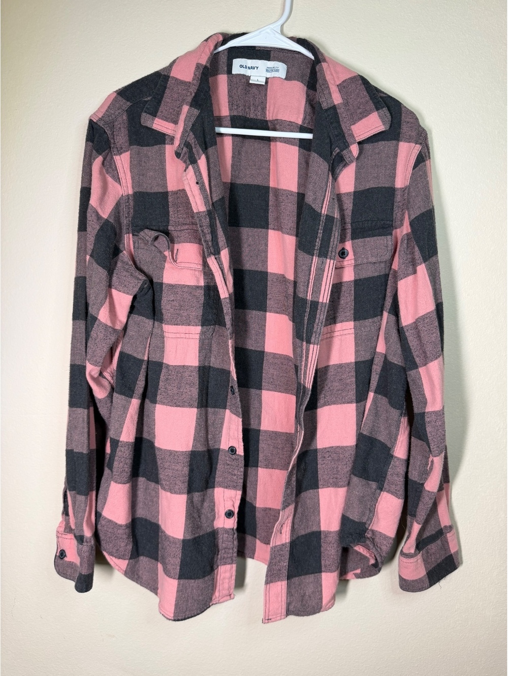 Old Navy Pink and Black Buffalo Plaid Flannel Shirt, Size Large
